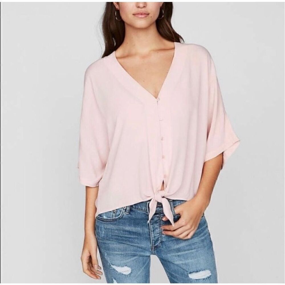 Express Kimono Blouse Womens XS Pink Tie Front V-Neck Elegant Chic Flowy Rayon